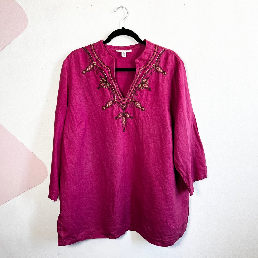 JM Collection 100% Linen Top Sz 18W‎ Beaded V Neck Shirt 3/4 Slv Beach Coastal